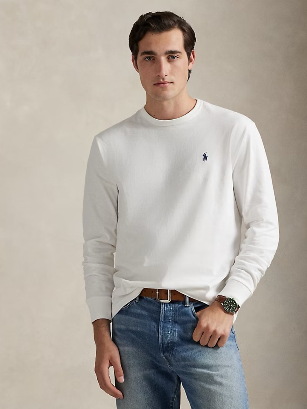 Ralph Lauren Men's White Crewneck Sweater with Navy Pony